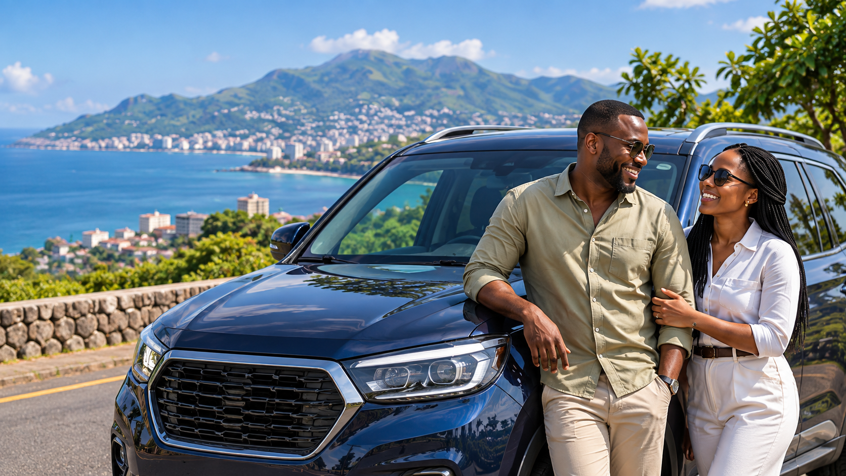 A couple beside their SUV on a coastal road